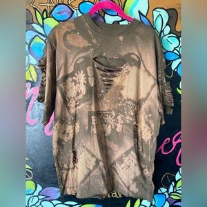 Distressed and bleach upcycled Men's Shirt size small olive green